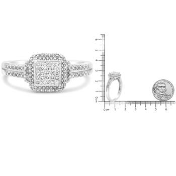 Sterling Silver 1/4ctw Princess-cut Diamond Composite Ring with Beaded Halo