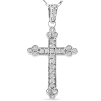 Sterling Silver 1/4ctw Round-Cut Diamond Cross 18" Pendant
w\chain(I-J Color, I3-Promo Quality)