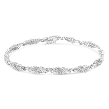 Sterling Silver 1.50ctw Round and Baguette Cut Diamond Wave Link Bracelet
