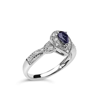 Sterling Silver 6x4mm Pear Sapphire Gemstone with Diamond Accent Fashion
Halo Ring