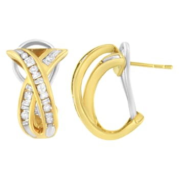 14K Two-Tone 1/2ctw "X" Shape Cross Over Diamond Hoop Earrings