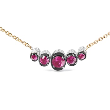 18K Rose Gold Multi-Size Round Ruby and Pave Round Diamonds Curved Bar Necklace