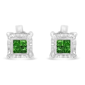 Sterling Silver Color Treated Princess Green Diamond Quad Stud Earring 1/2ctw