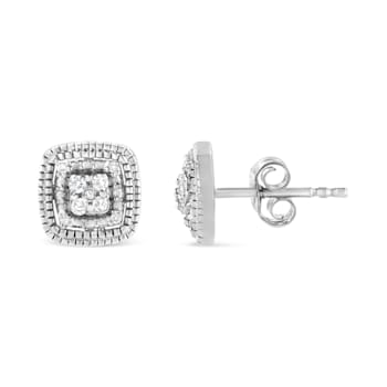 Sterling Silver 1/10ctw Prong-Set Round Cut Diamond Square Shape with
Milgrain Halo Stud Earrings