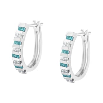 10k White Gold Round and Blue Baguette Diamond Hoop Earrings 0.50ctw