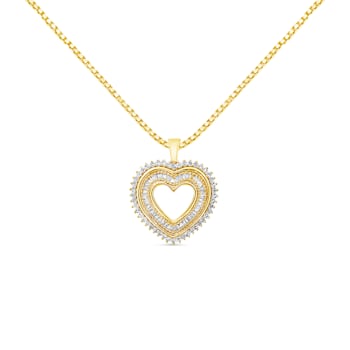 1.00ctw Round and Baguette Diamond Hearth 14K Yellow Gold Over Sterling
Silver Pendant with Chain