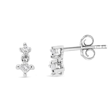 14K White Gold 1/4ctw Princess-Cut Double Diamond Drop and Dangle Stud Earrings