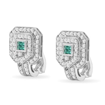 14K White Gold 1ctw Round and Princess-cut Treated Blue Diamond Earrings