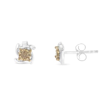 Two-Toned Sterling-Silver Champagne Diamond Stud Earring .10ctw