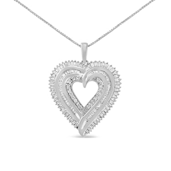 1.50ctw Baguette Diamond Sterling Silver Heart Pendant Necklace