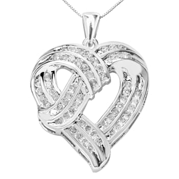 1.25ctw Round Diamond Openwork Ribbon Heart Sterling Silver Pendant with Chain