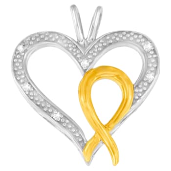 10K Gold Over Sterling Silver Two Toned 1/25ctw Diamond Heart-Ribbon
Pendant With Chain