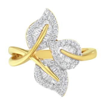 10K Yellow and White Gold 1/2ctw Mixed Shape Diamond Triple Leaf Ring
(I-J Color, I1-I2 Clarity)