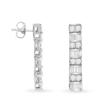 14K White Gold 1 1/3ctw Round and Baguette Cut Diamond Earrings