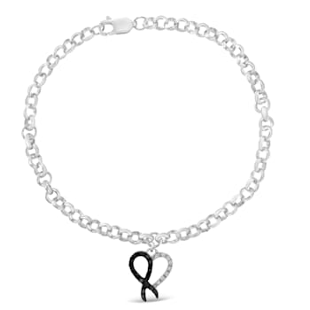 Sterling Silver 1/6ctw Black and White Diamond Heart Charm Bracelet