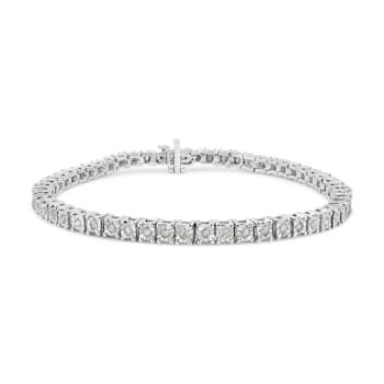 Rhodium Over Sterling Silver 1.0 Ctw Diamond Square Frame Tennis Bracelet