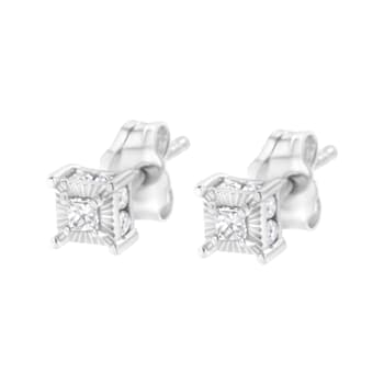 Sterling Silver 1/4ctw Miracle Set Princess-Cut Diamond Solitaire Stud
Earrings with Hidden Halo