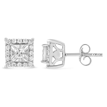 Sterling Silver 1/4ctw Princess and Round Cut Diamond Halo Stud Earrings