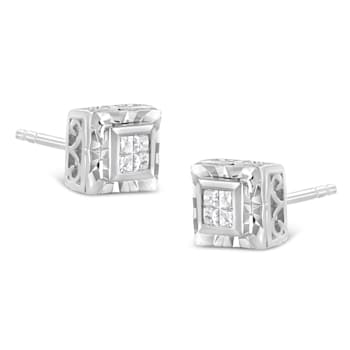 Sterling Silver 1/6ctw Invisible Set Princess-Cut Diamond Quad Stud Earrings