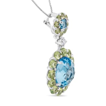 18k White Gold 0.05ctw Round Diamond, Blue Topaz and Peridot Pendant w\chain