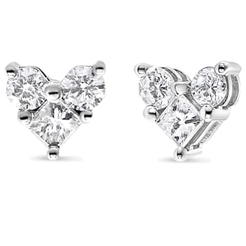10K White Gold 1/2ctw Diamond 3 Stone Trio Heart Stud Earring