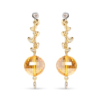 18K Yellow Gold Citrine Ball Gemstone with White and Brown Diamond
Accent Dangle Earrings