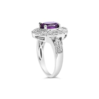 Sterling Silver 9x7mm Oval Purple Amethyst and Diamond Accent Art Deco
Style Cocktail Ring