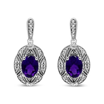 Sterling Silver Diamond Accent and 8x6mm Purple Oval Amethyst Stud Earrings