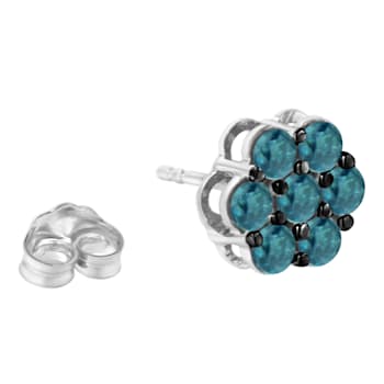 Sterling Silver Treated Blue Diamond Floral Stud Earrings 1ctw