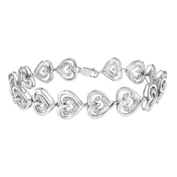 Sterling Silver .25ctw Round Diamond Double Heart Link Bracelet