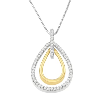 14K Two-Tone Gold Round Diamond Double Burst Pendant Necklace 1/4ctw