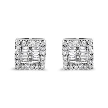 14K White Gold 1.0ctw Round and Baguette Diamond Stud Earrings