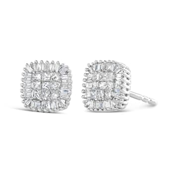 10K White Gold 1/2ctw Invisible-Set Princess Cut and Prong-Set Baguette
Diamond Stud Earrings