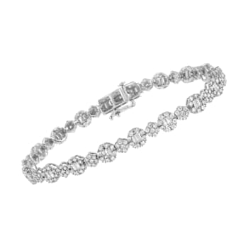 10K White Gold 4.0ctw Brilliant Round-cut and Baguette Diamond Floral
Cluster Link Bracelet