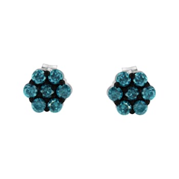Sterling Silver Treated Blue Diamond Floral Stud Earrings .50ctw