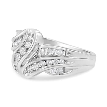 10K White Gold Ring 3/4ctw Round and Baguette-Cut Diamond Bypass Ring
(H-I Color, I2-I3 Clarity)