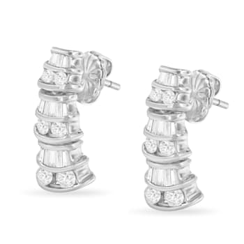 14K White Gold 7/8ctw Round and Baguette-cut Diamond Earrings