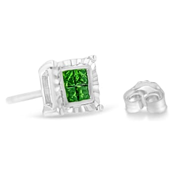 Sterling Silver Color Treated Princess Green Diamond Quad Stud Earring 1/2ctw