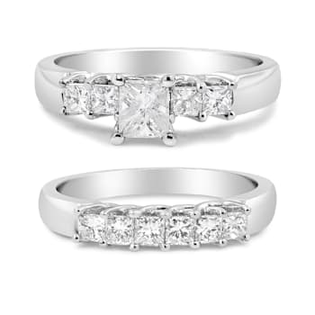 1.50ctw 5-Stone Princess Cut Diamond 14K White Gold Wedding Ring Set