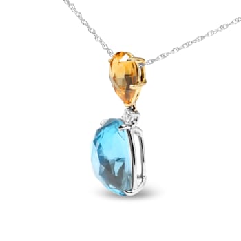 18K Two-tone Gold Cushion Blue Topaz and Pear Yellow Citrine with
Diamond Accent Dangle Pendant