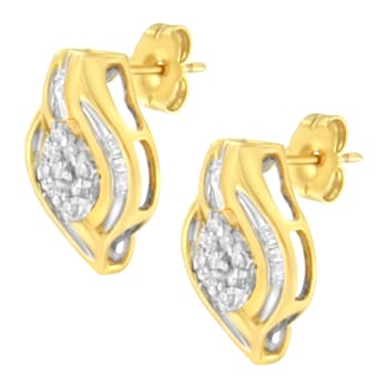 10K Yellow Gold 1/3ctw Round-Cut Diamond Cluster and Swirl Stud Earrings