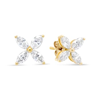 14K Yellow Gold 3/4ctw Marquise Diamond 8 Stone Floral Leaf Stud Earrings