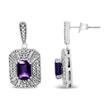 Sterling Silver Diamond Accent and 7x5mm Purple Amethyst Stud Earrings