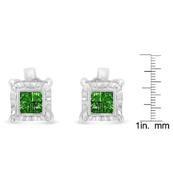 Sterling Silver Color Treated Princess Green Diamond Quad Stud Earring 1/2ctw