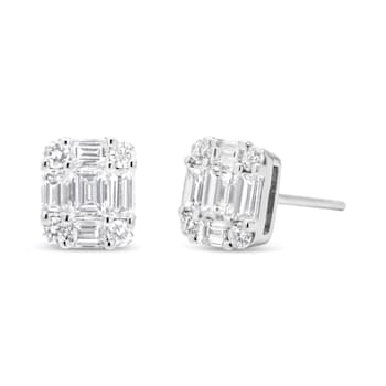 18K White Gold 7/8 Cttw Round and Emerald-Cut Composite Diamond Mosaic
Cluster Stud Earrings
