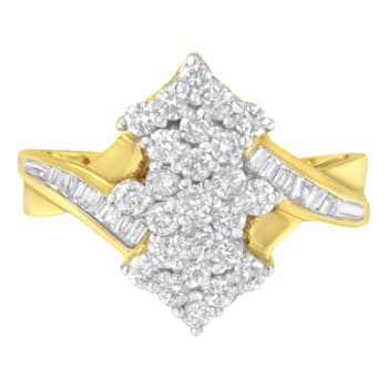 10K Yellow Gold Round And Baguette Cut Diamond Cluster Ring (1 1/10
Cttw, H-I Color, SI2-I1 Clarity)