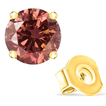 14K Yellow Gold 3/4ctw Round Brilliant-Cut Pink Diamond Solitaire Stud Earrings