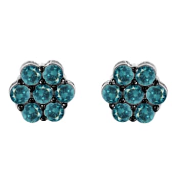 Sterling Silver Treated Blue Diamond Floral Stud Earrings 1ctw