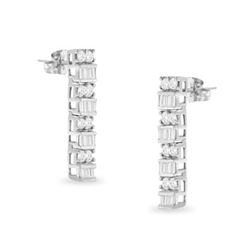 14K White Gold 1 1/3ctw Round and Baguette Cut Diamond Earrings