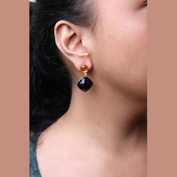 18K Yellow Gold Round Citrine and Cushion Cut Onyx Gemstone with Diamond
Accent Dangle Earrings